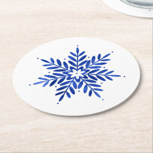 Indigo Blue Waterverf Abstracte Snowflake Ronde Kartonnen Onderzetter
