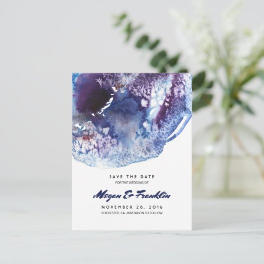 Indigo Blue Waterverf Crystals Bewaar de Datum Aankondigingskaart (Staand voorkant)