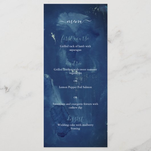 Indigo Blue Waterverf Elegant Wedding Menu (Voorkant)