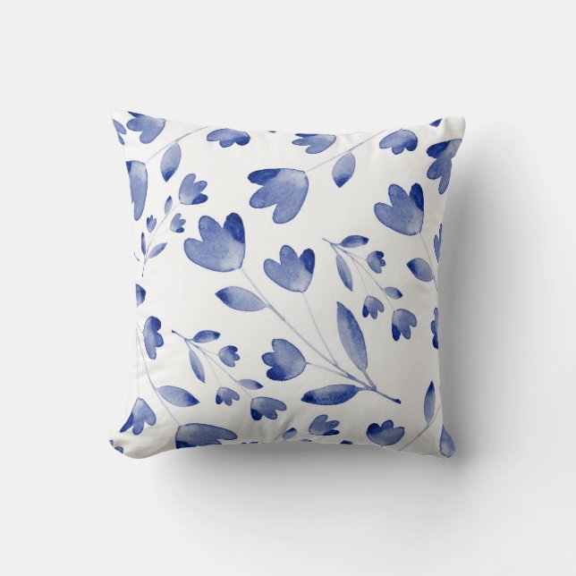 Indigo Blue Waterverf Flower Stems Pattern Kussen (Voorkant)
