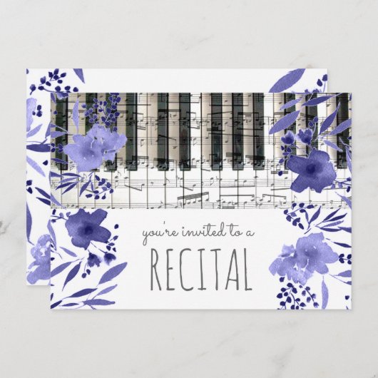 Indigo Blue waterverf Flowers Muziekrecital Kaart (Voorkant / Achterkant)