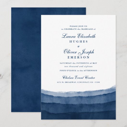 Indigo Blue Waterverf Wedding Invitations Kaart (Voorkant / Achterkant)