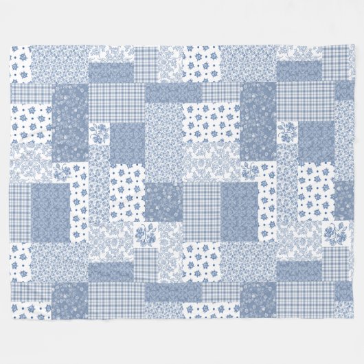 Indigo Blue, White Faux Patchwork Fleece Blanket (Voorkant (Horizontaal))