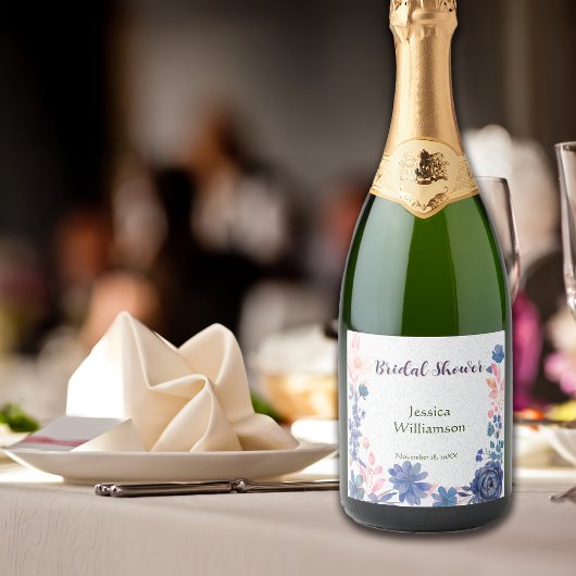 Indigo Blush Florals Bruiloft Customize Sparkling Wijnetiket