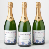 Indigo Blush Florals Bruiloft Customize Sparkling Wijnetiket (Flessen)