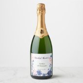 Indigo Blush Florals Bruiloft Customize Sparkling Wijnetiket (Voorkant)