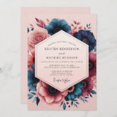 Indigo Blush Painterly Bloom Wedding Kaart (Voorkant / Achterkant)