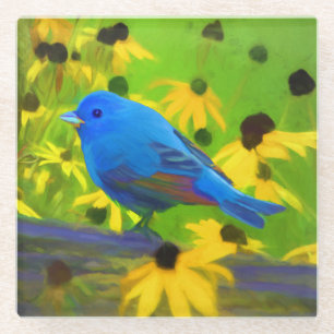 Indigo Bunting Schilderen - Oorspronkelijke vogelk Glazen Onderzetter