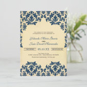  Indigo, Damask Wedding Kaart (Staand voorkant)