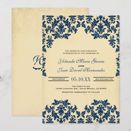  Indigo, Damask Wedding Kaart (Voorkant / Achterkant)