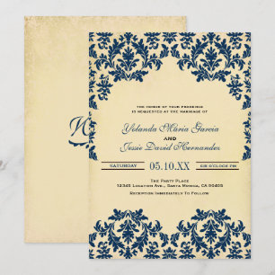 Indigo, Damask Wedding Kaart