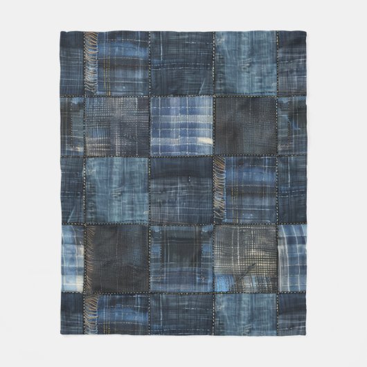 Indigo Denim Patchwork Seamless Pattern Fleece Deken (Voorkant)