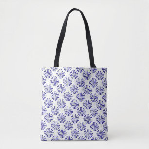 Indigo donkerblauw gestreept cirkelpatroon op wit tote bag