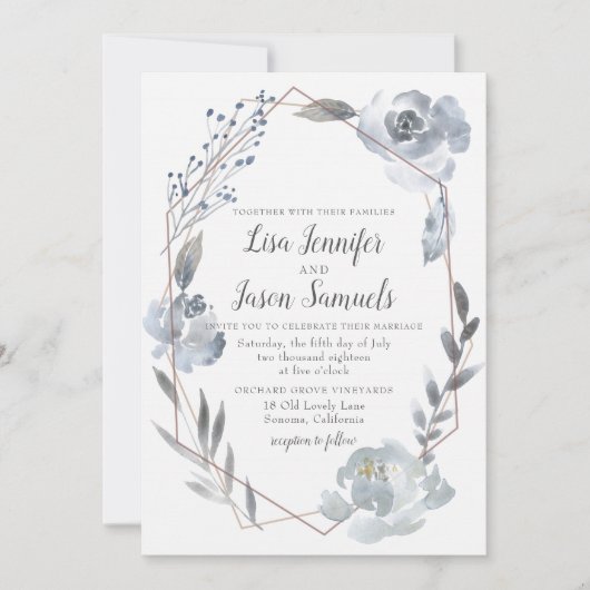 Indigo Dusty Blue Floral Geometric Wedding Invite Kaart (Voorkant)