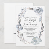 Indigo Dusty Blue Floral Geometric Wedding Invite Kaart (Voorkant / Achterkant)