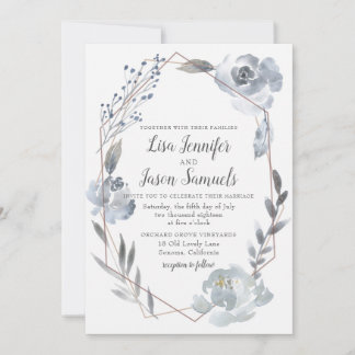 Indigo Dusty Blue Floral Geometric Wedding Invite Kaart
