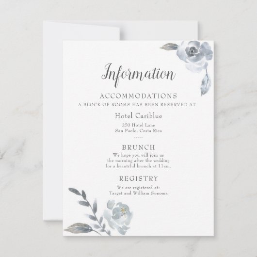 Indigo Dusty Blue Floral Mariage Détails Carte (Devant)