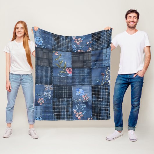 Indigo Floral Patchwork Pattern | Boho Denim Fleece Deken (In situ)