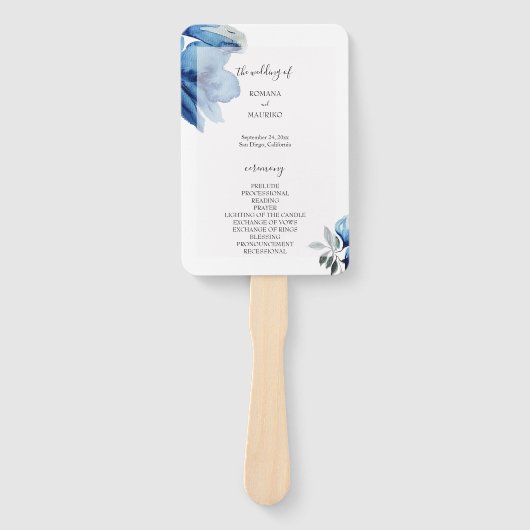 Indigo Floral Waterverf Handbeschilderd Programma Handwaaier (Voorkant)