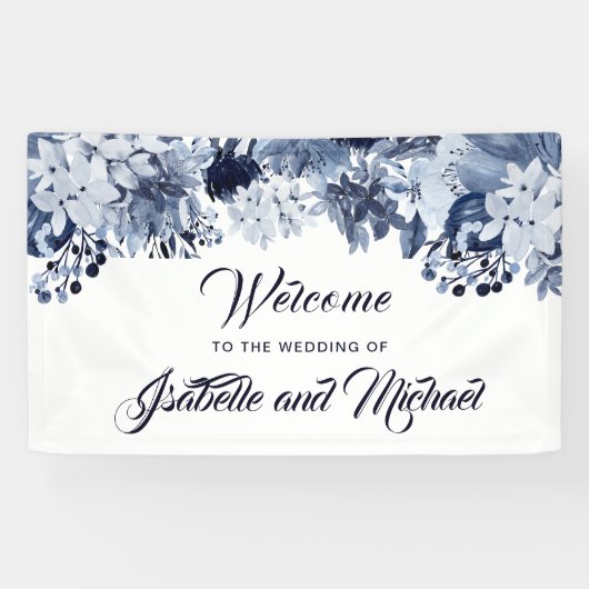 Indigo Garden Blue Floral Mariage Welcome Bannière (Horizontal)