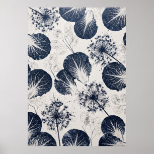 Indigo Geaderde Bladeren Lunaria Allium Patroon Po Poster