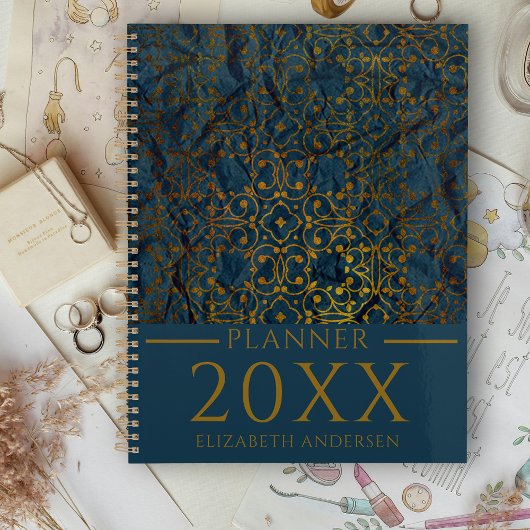 Indigo Gold Classic Élégant Damask Year Planner