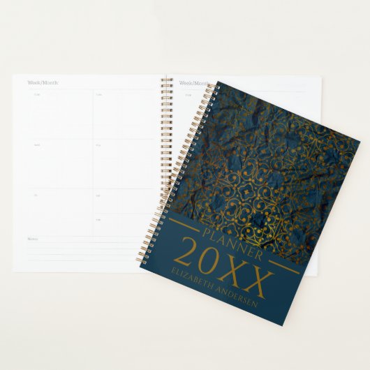 Indigo Gold Classic Élégant Damask Year Planner (Devant avec enveloppe)