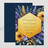 Indigo Golden Sunflower Wedding Kaart (Voorkant / Achterkant)