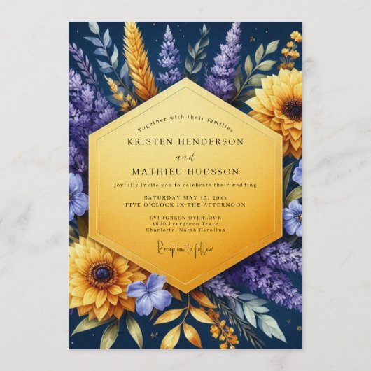 Indigo Golden Sunflower Wedding Kaart (Voorkant)