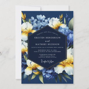 Indigo Gouden Iris Bloeiende Trouwdag Kaart