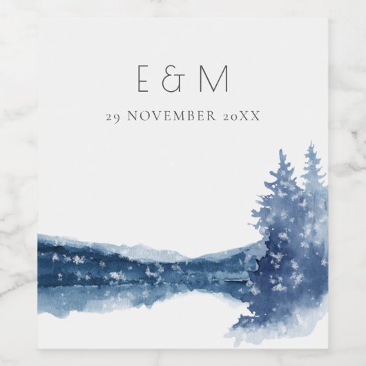 INDIGO INK BLUE MOUNTAIN LAKE MONOGRAM WEDING WIJN ETIKET (Enkel label)