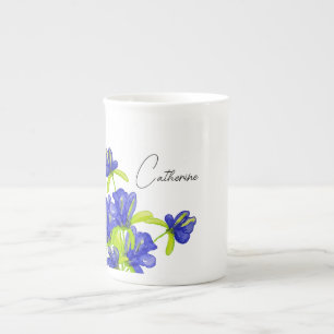 Indigo Iris Floral Waterverf Monogrammed Porselein Kop