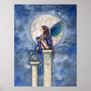 Indigo Maan Fee en Kat Poster Print