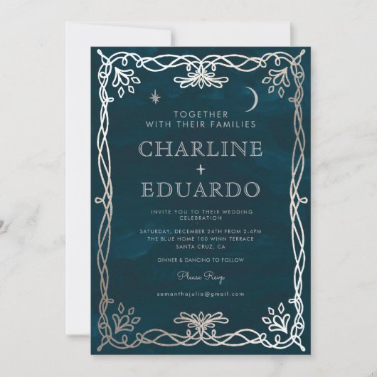 Indigo middeleeuwse zilveren Ivy bruiloft uitnodig Kaart (Voorkant)