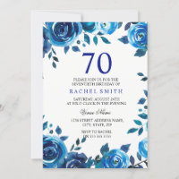 Indigo Midnight Blue Floral 70e Invitation d'anniv
