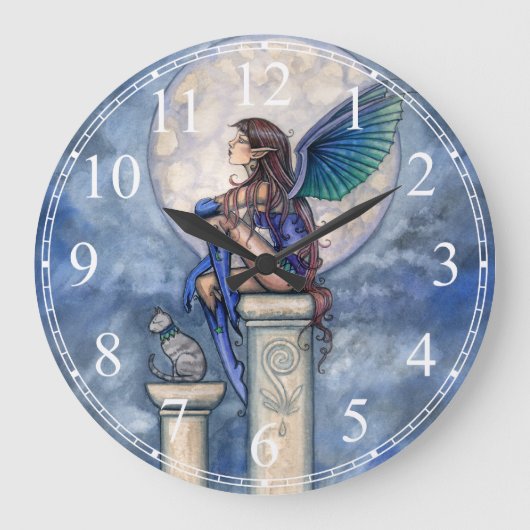 Indigo Moon Blue Fairy en Cat Fantasy Clock Grote Klok (Voorkant)