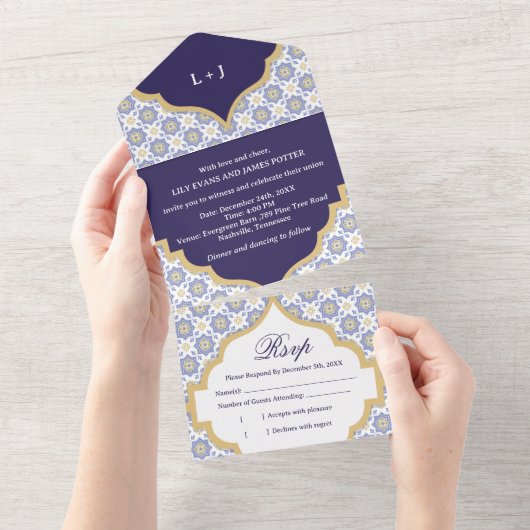 Indigo Moroccan Tile Wedding  All In One Uitnodiging (Afscheurbaar)