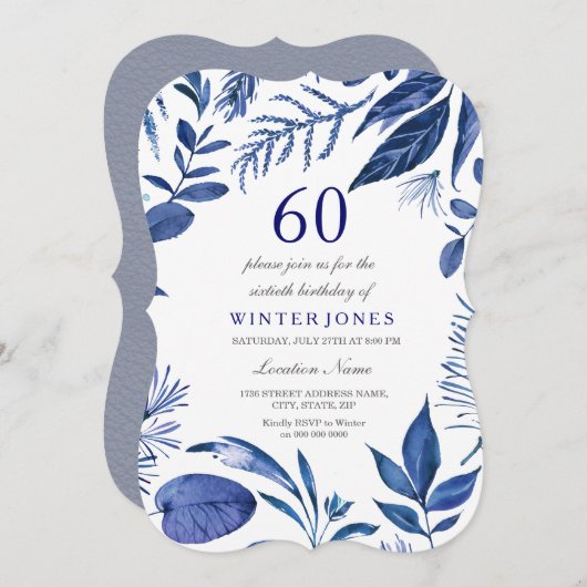 Indigo Navy Blue Leaf Floral 60th Birthday Invite Kaart (Voorkant / Achterkant)