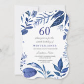 Indigo Navy Blue Leaf Floral 60th Birthday Invite Kaart (Voorkant)