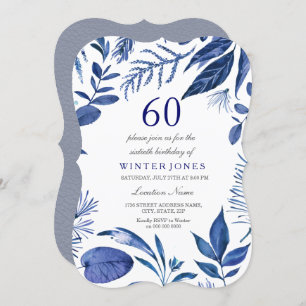Indigo Navy Blue Leaf Floral 60th Birthday Invite Kaart