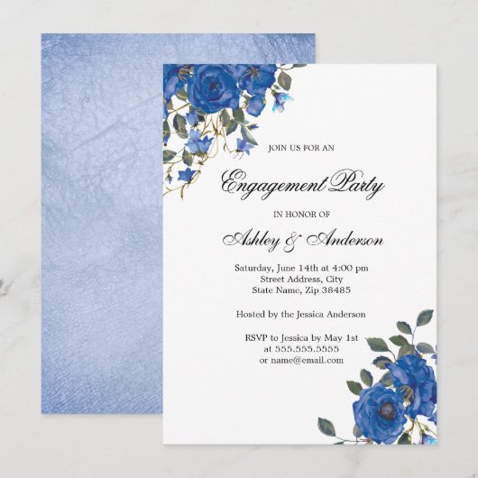 Indigo Navy Midnight Blue Flowers Engagement Party Kaart (Voorkant / Achterkant)