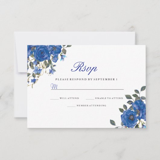 Indigo Navy Midnight Blue Flowers Wedding RSVP (Devant)