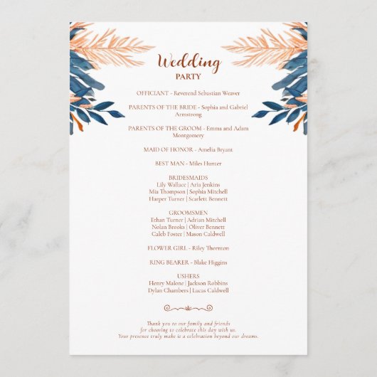 Indigo Roest Moderne Bloemen Boho Elegante Bruilof Programma (Achterkant)