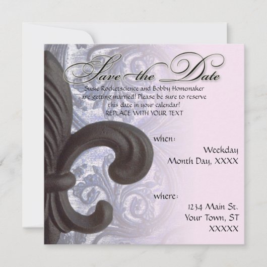 Indigo/roos "iron fleur de lis" save the date (Voorkant)