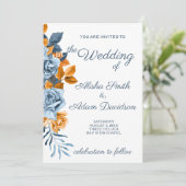 Indigo & Rust Boho Roos Floral Wedding Uitnodiging (Staand voorkant)