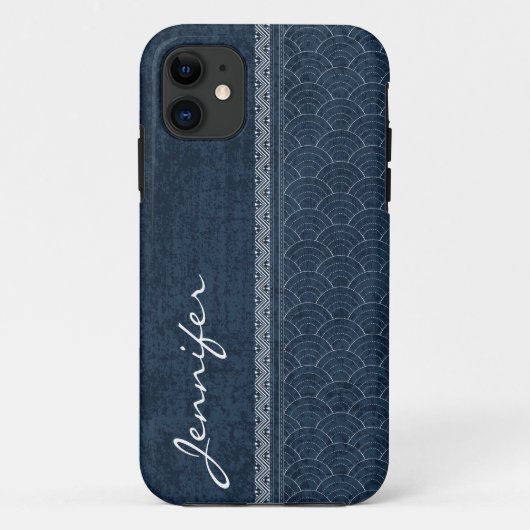 Indigo Sashiko Patroon Japanse Borduurwerk Naam Case-Mate iPhone Case (Achterkant)