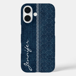 Indigo Sashiko Patroon Japanse Borduurwerk Naam iPhone 16 Hoesje