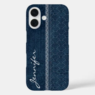 Indigo Sashiko Pattern Japanse Embroidery Name iPhone 16 Hoesje