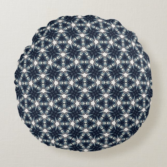 Indigo Snowflower Lattice Rond Kussen (Voorkant)