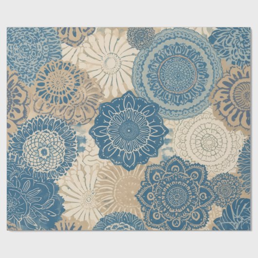 Indigo Tan Boho Bloem Cadeaupapier (Vlak)